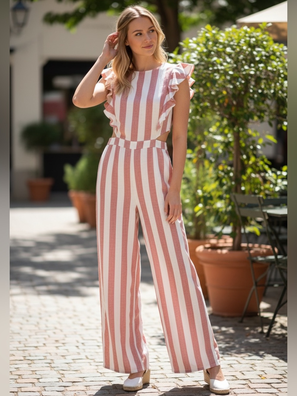 Kittenish Pink and White Striped Ruffle One-Piece cut out Jumpsuit